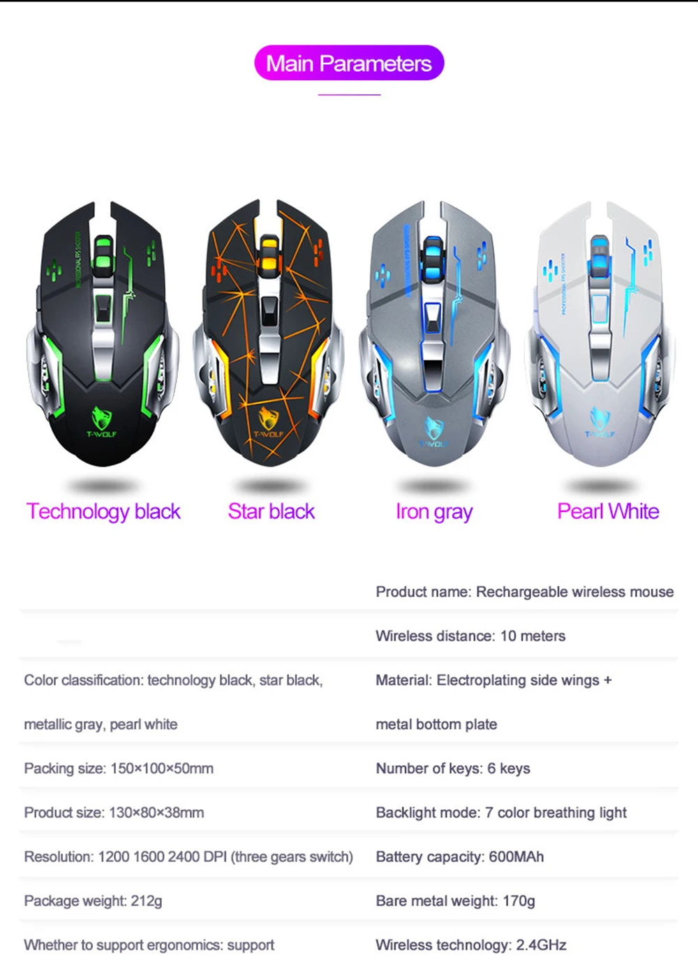 Wireless Mouse Optical Gaming Mouse Computer 2400DPI Professional Gamer Mouse LED Backlit Rechargeable Silent Mice For PC Laptop