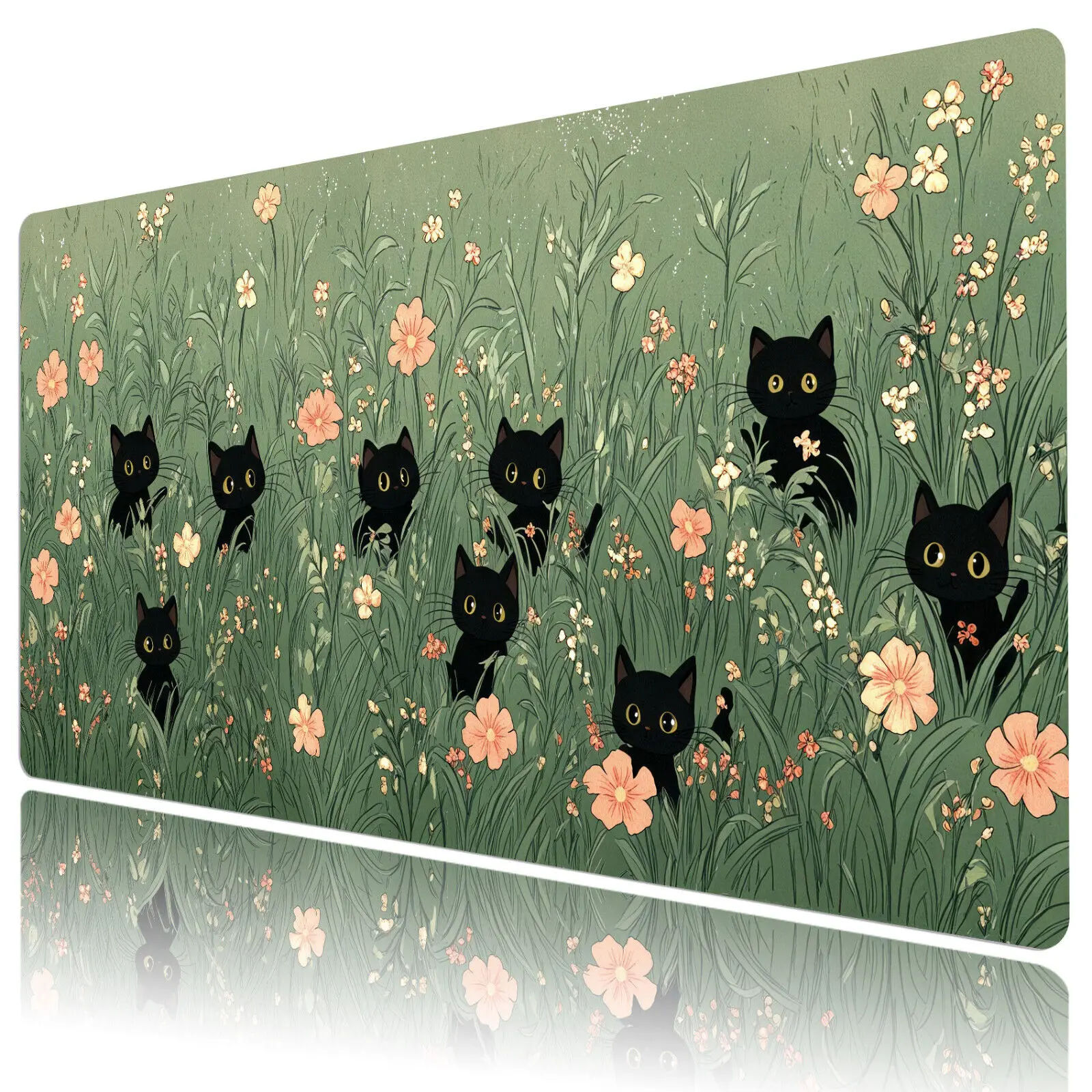 Pink Floral Cute Black Cat Mouse Pad Large Rubber Anti-slip PC Desk Accessories Mousepad for Office and Gamer Keyboard Decor Mat