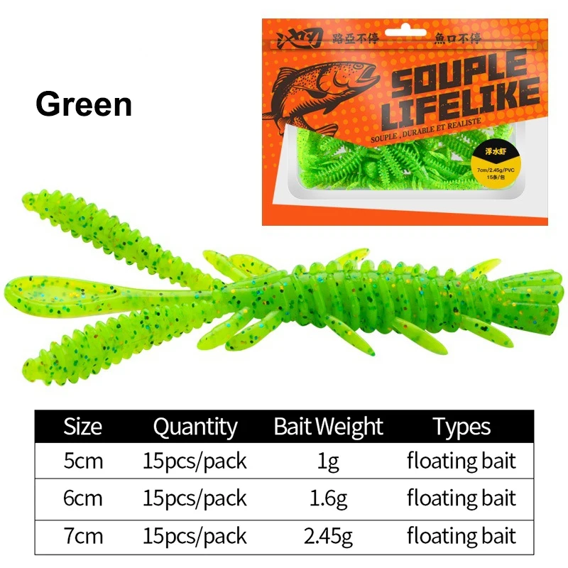 15-teiliges Set Schwimmende Garnelen-Softköder für Drop-Shot-Angeln, Bass, Mandarin-Fisch, Angelwurm-Set, Süßwasser-Angelausrüstung, Sortiertes Set