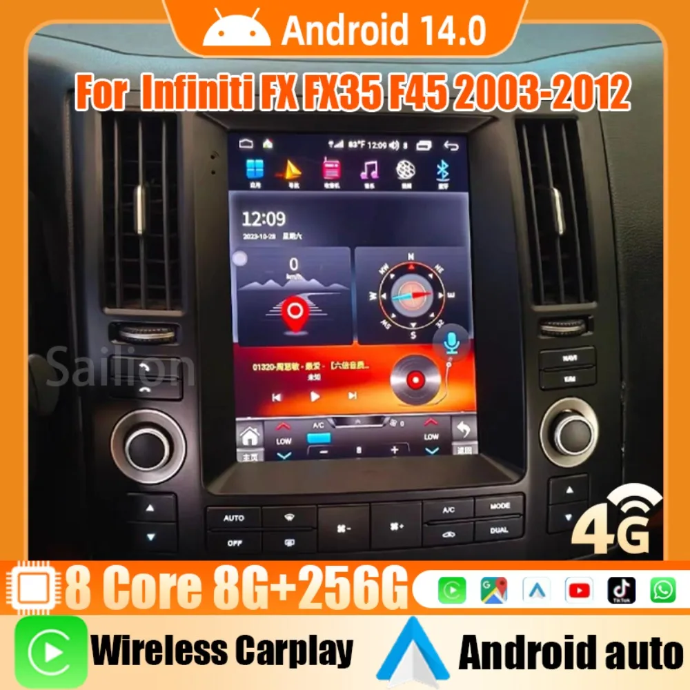 Android 14 Car Radio For Infiniti FX FX35 F45 2003-2012 Tesla Automotive Multimedia Carplay Auto WIFI Bluetooth Stereo 4G 1Din