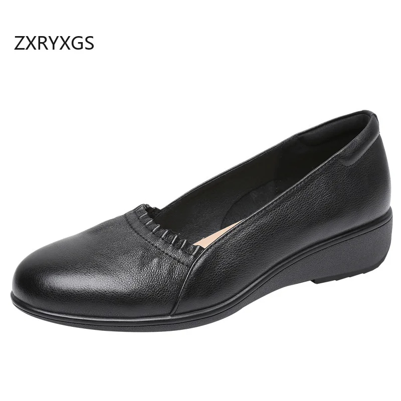 

ZXRYXGS Top Layer Cowhide White Shoes Wedges Mid Heels 2026 Elegant Comfortable Round Toe Real Leather Shoes Black Large Size