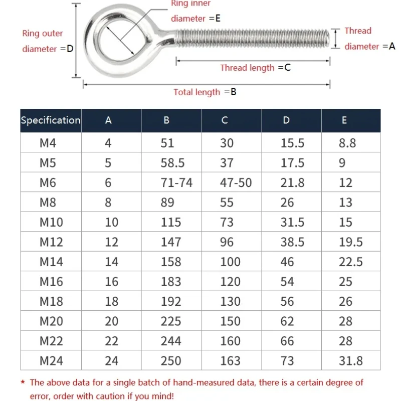 M4 M5 M6 M8 M10-M24 304 Stainless Steel Sheep Eye Screw Bolt Ring/Hook Screws Ring Hanging Hook Suspension Fasteners Tool