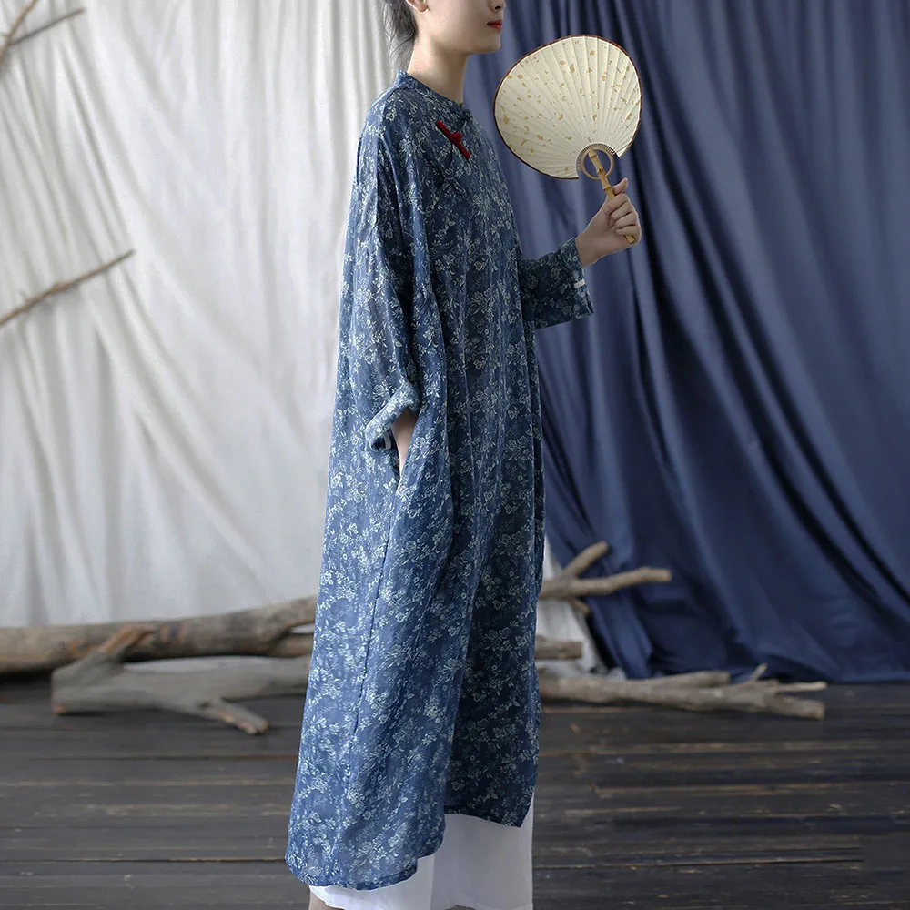 Abito da donna in ramie leggero e ampio, maniche lunghe, stampa floreale, colletto alla coreana, lungo a metà polpaccio, vintage Qipao cinese con tasche