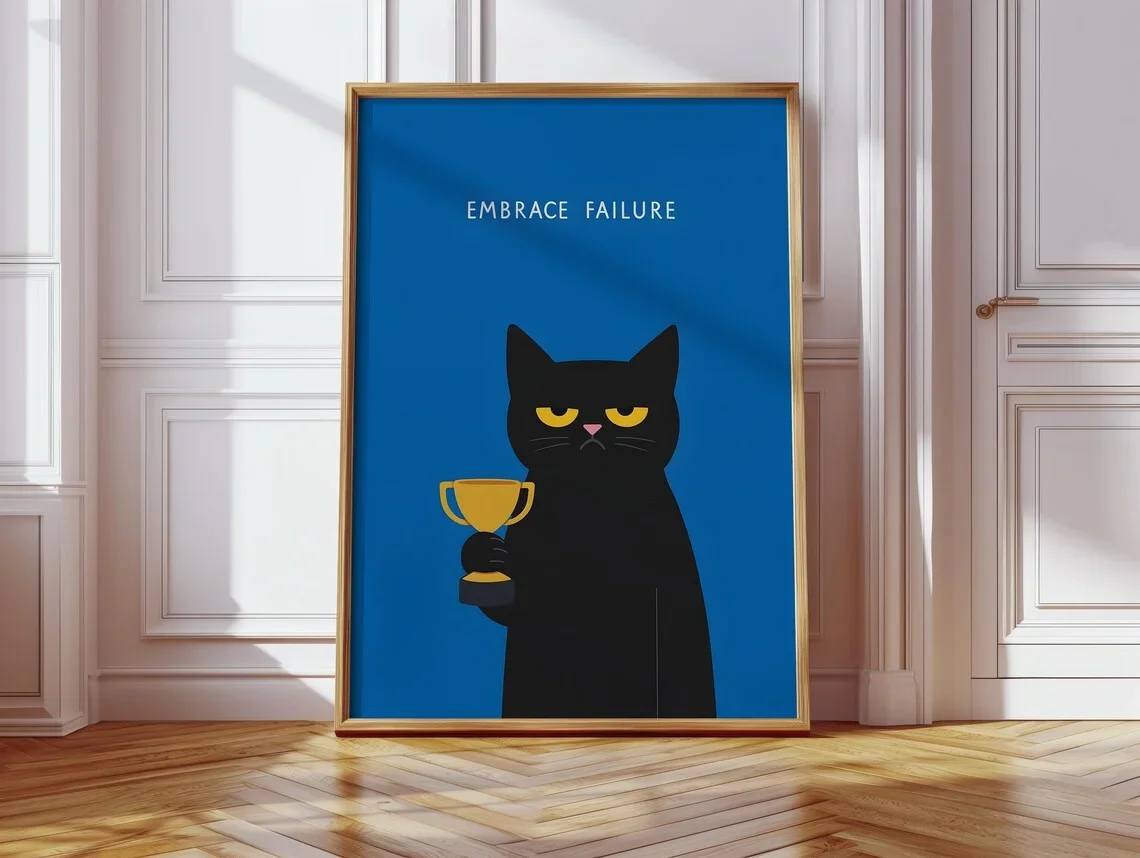 Witty Motivational Cat Wall Art - Clean, Graphic Print of a Disgruntled Cat with a Trophy, Blending Humor with a Relatable Me