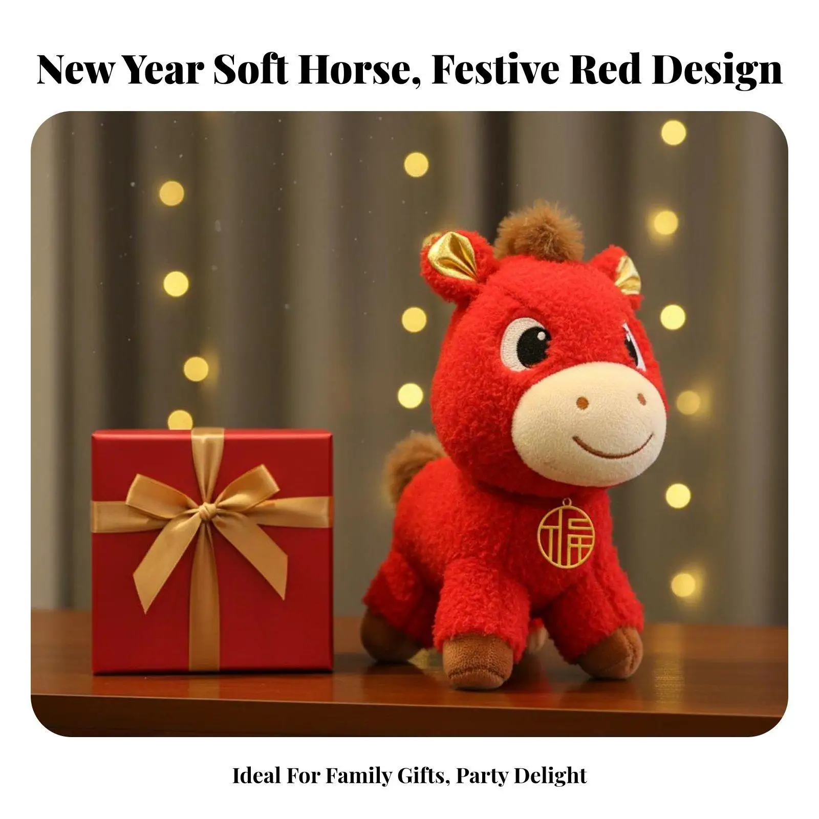 Festive Horse Year Plush Pony Mascot with Golden Ears Cute Stuffed Animal for Spring Festival
