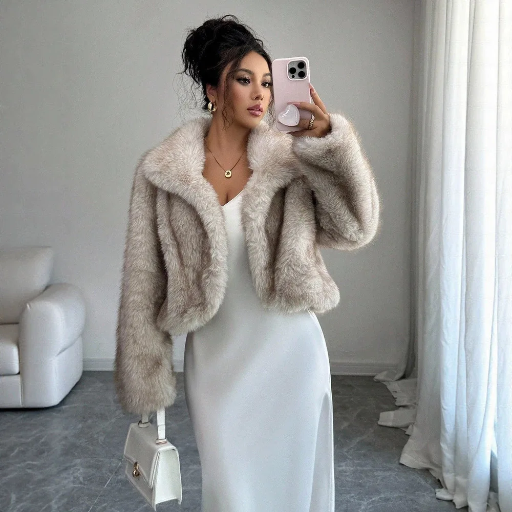 Korean Lapel Short Faux Fur Fluffy Faux Fox Fur Women's Coat
