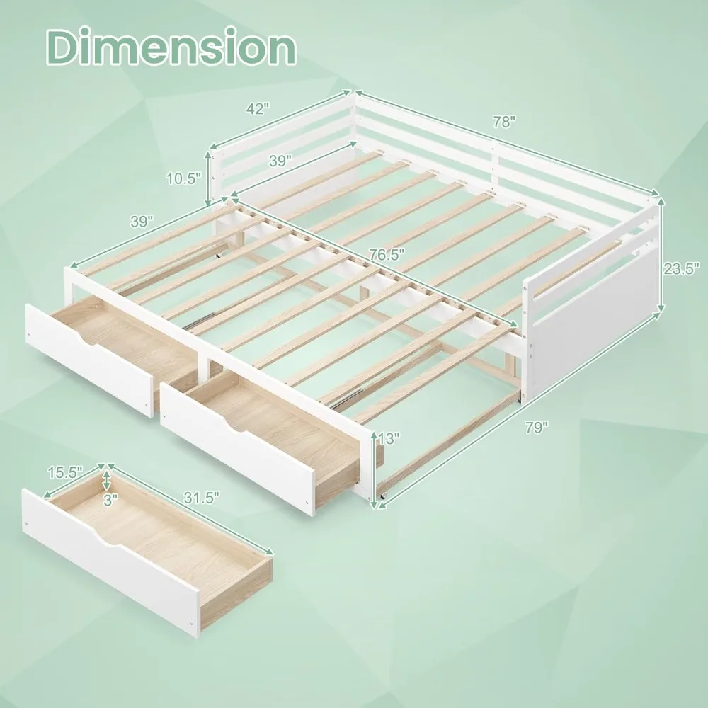 Wood Daybed with Trundle, Extendable Twin to King Daybed Frame with 2 Storage Drawers, Guest Room, No Box Spring Required