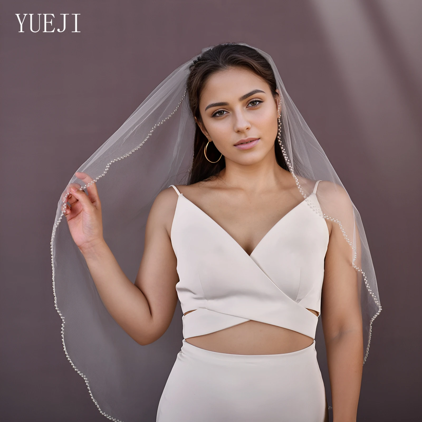 

YUEJI однослойная фата с жемчугом и бисером, свадебная фата с расческой, элегантные аксессуары для церемонии невесты V35