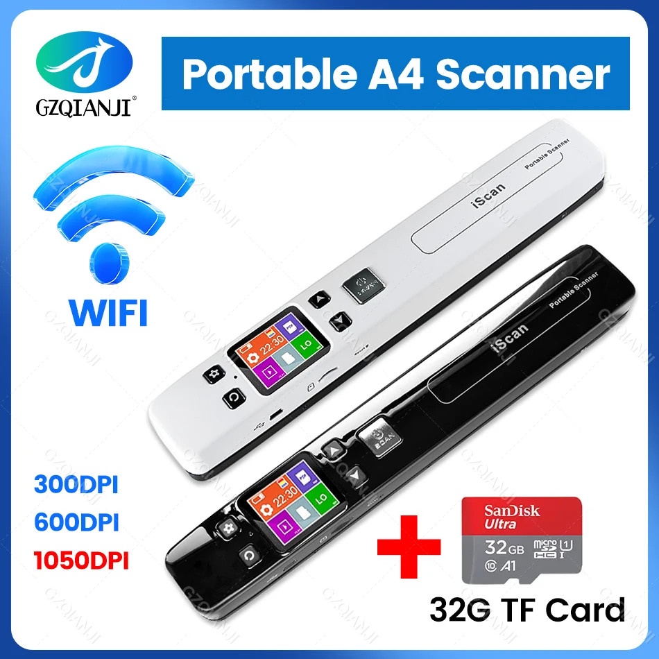 Wifi Wireless Mini Portable A4 Document Scanner Images JPG PDF Formate Reader Pen with TF Card 16G 32G 1050 dpi USB Wired ISCAN