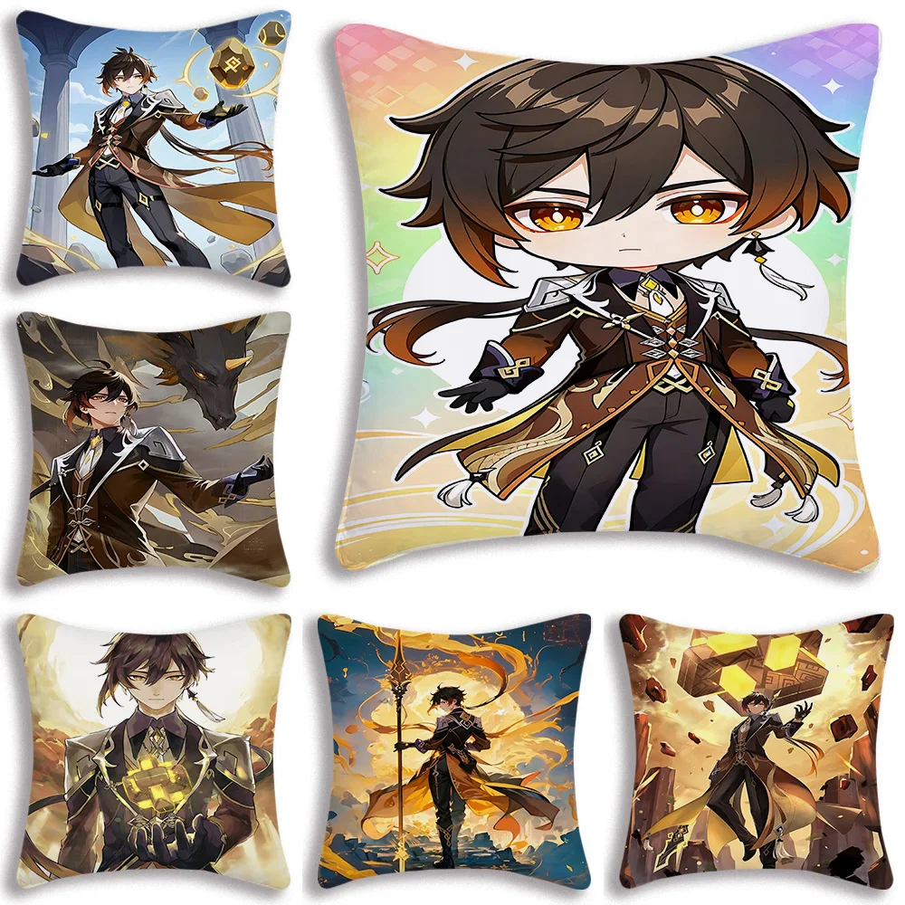 Cool Game Genshin Zhongli Pillow Covers Cartoon Sofa Decorative Home Double-sided Printing Short Plush Cute Cushion Cover