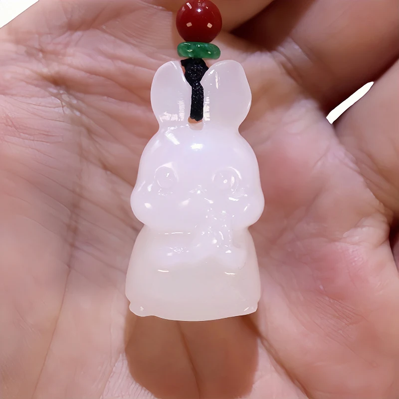 Jade 3D Rabbit Necklace Pendant White Natural Jadeite Charm Jewellery Fashion Accessories Hand Carved Luck Amulet Gifts
