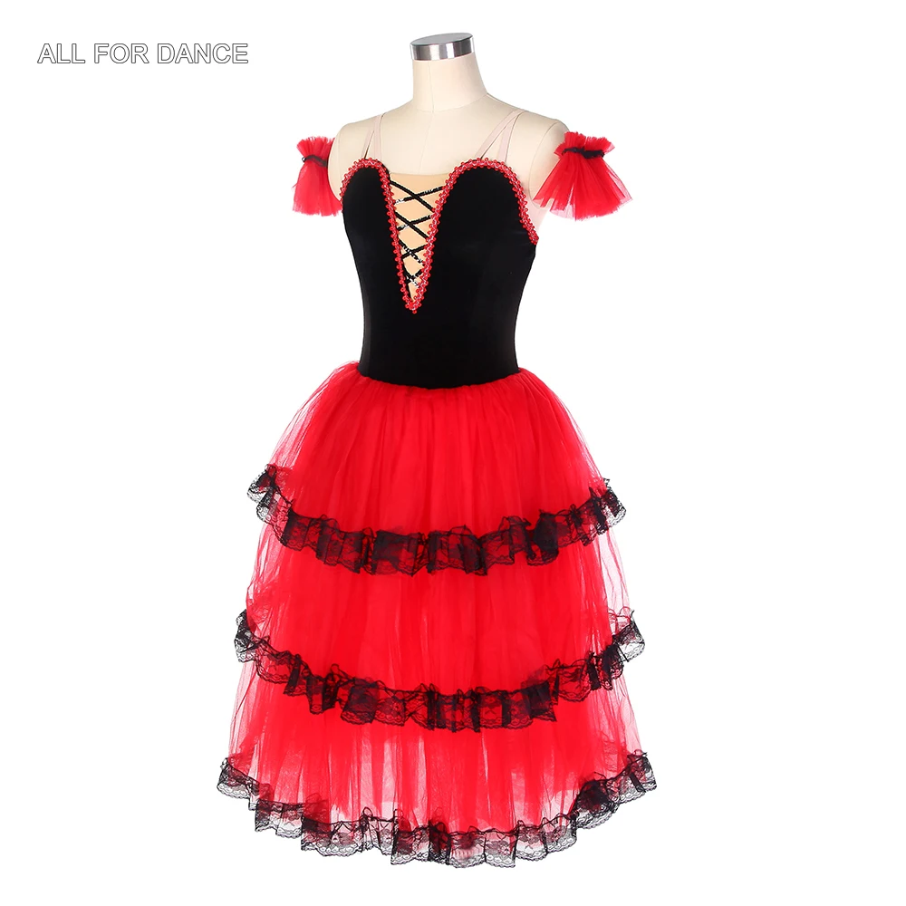 Tutú de Ballet largo español, Top negro de terciopelo, corpiño de tul rojo, trajes de baile, tutú de bailarina, 18004