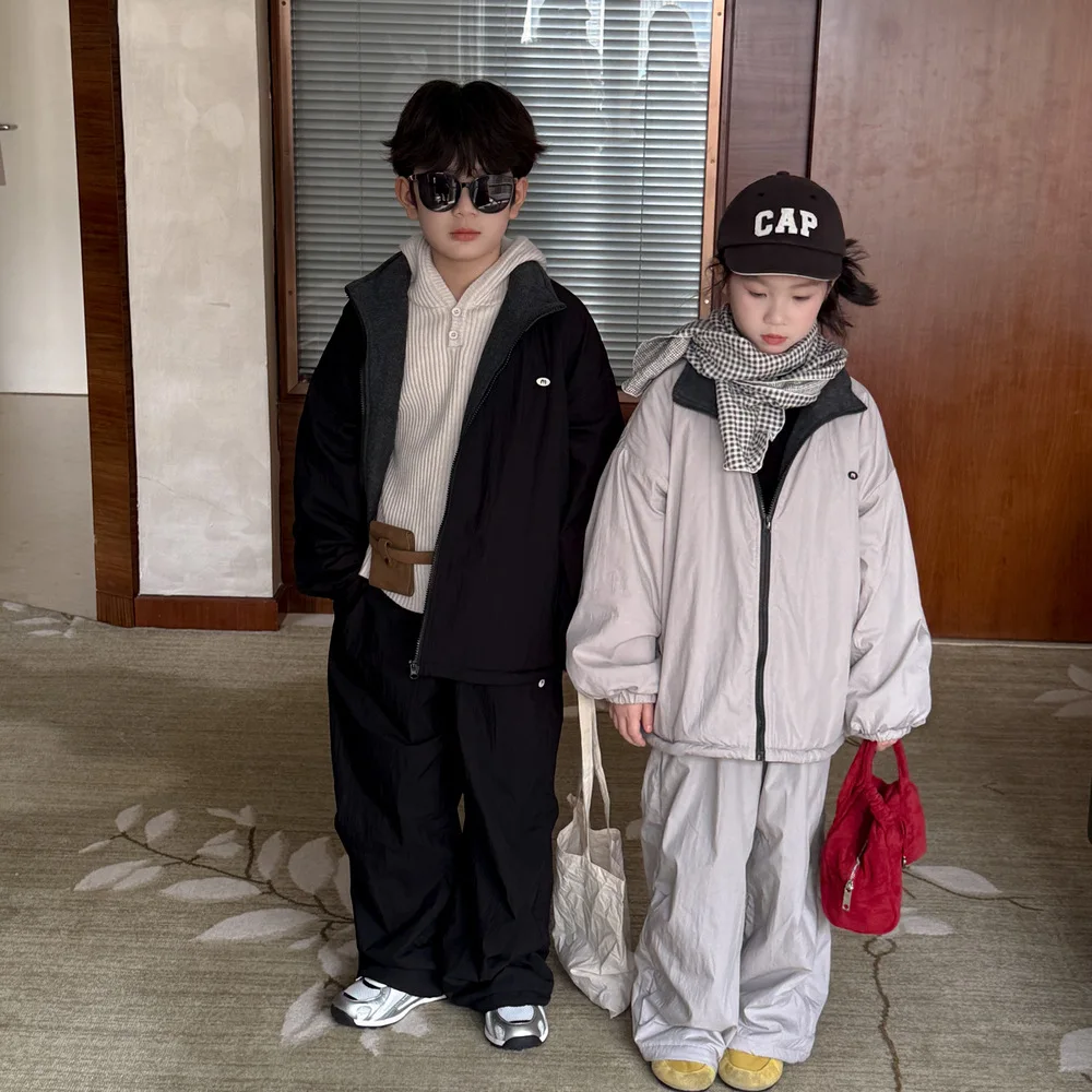 

Осенне-зимний комплект одежды из 2 предметов для девочек, хлопковая толстая теплая куртка на молнии для маленьких мальчиков, костюм, свободные повседневные штаны для маленьких девочек