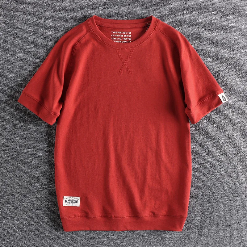 Summer New British Retro Raglan Sleeve Solid Color T-shirt Men's Fashion Short-sleeved Round Neck 100% Cotton Washed Casual Tops
