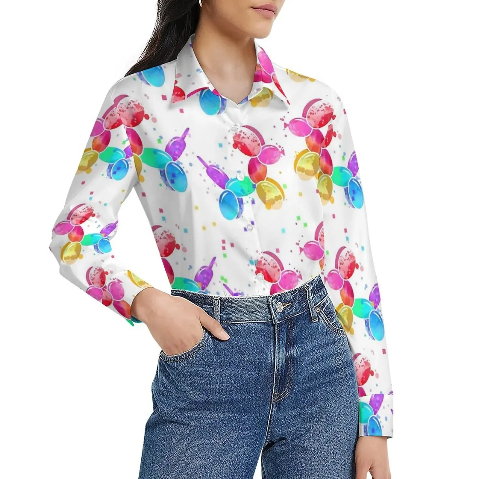 

Balloon Dogs Blouse Animal Pop Art Trendy Autumn Blouses Female Long Sleeve Casual Top Long-Sleeve Lapel Office Work Blouse Tops