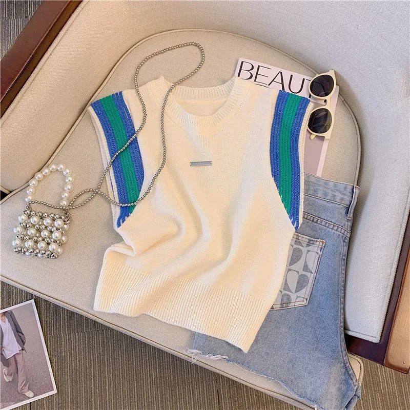 Korean Casual Knit Sweater Vests Women 2024 Summer Sleeveless O-neck Tops Knitwear Striped Fashion Loose Ladies Jumpers Vest