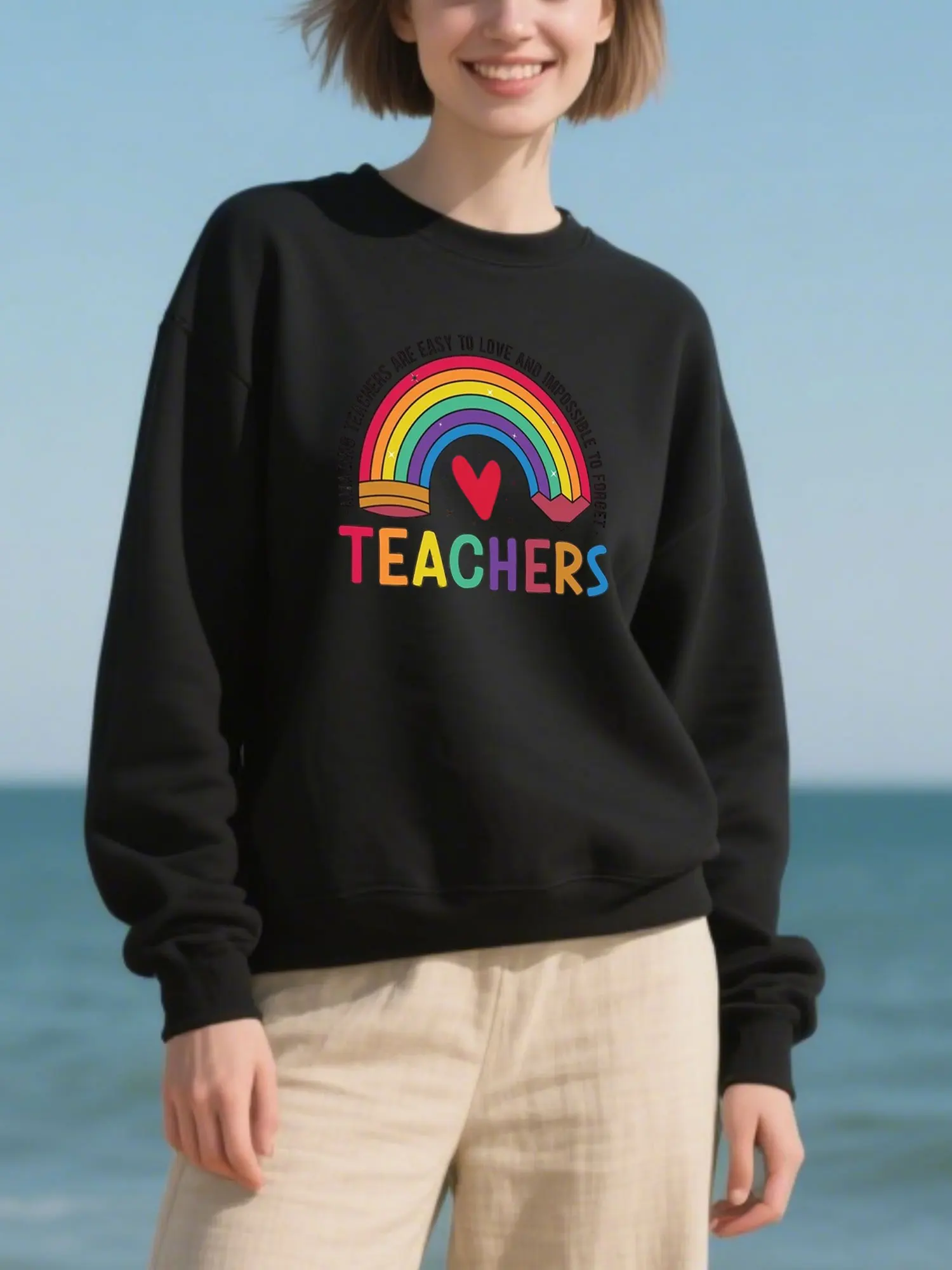 

Amazing Teachers Print Vibrant Rainbow Pencil Design Crew Neck Pullover Soft Fleece-Lined Fabric Regular Fit Comfortable Casual