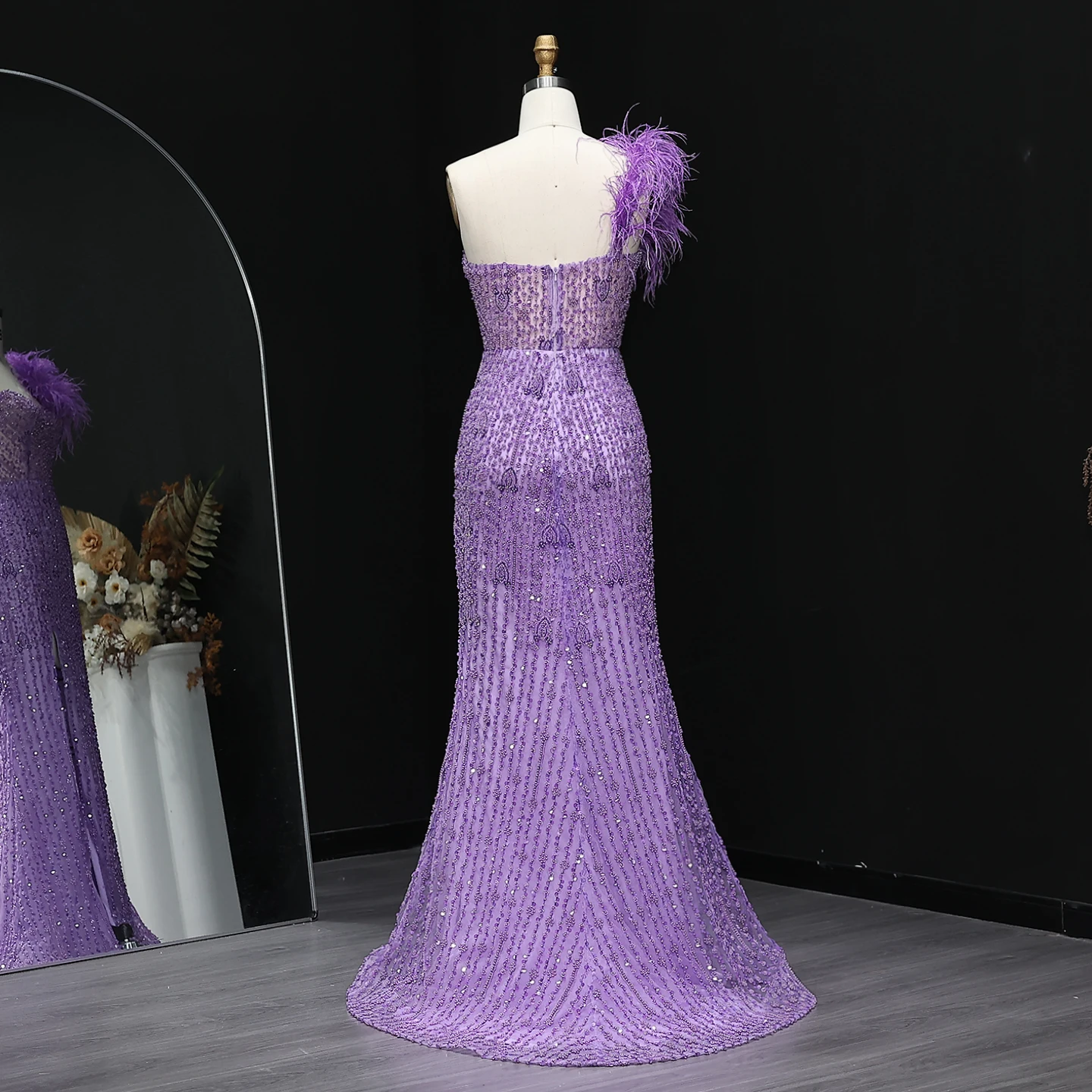 Sharon Said Luxury Lilac Mermaid Evening Dress with Feathers High Slit for Women Wedding Party Prom Gown Arabic SS114 Customized