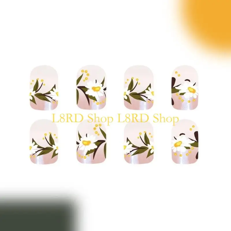 L8rd 24 Stcs kurze quadratische Acrylnagelblüten Vollbedeckungsstock auf Nagel Französisch Press auf Nagel glitzernder