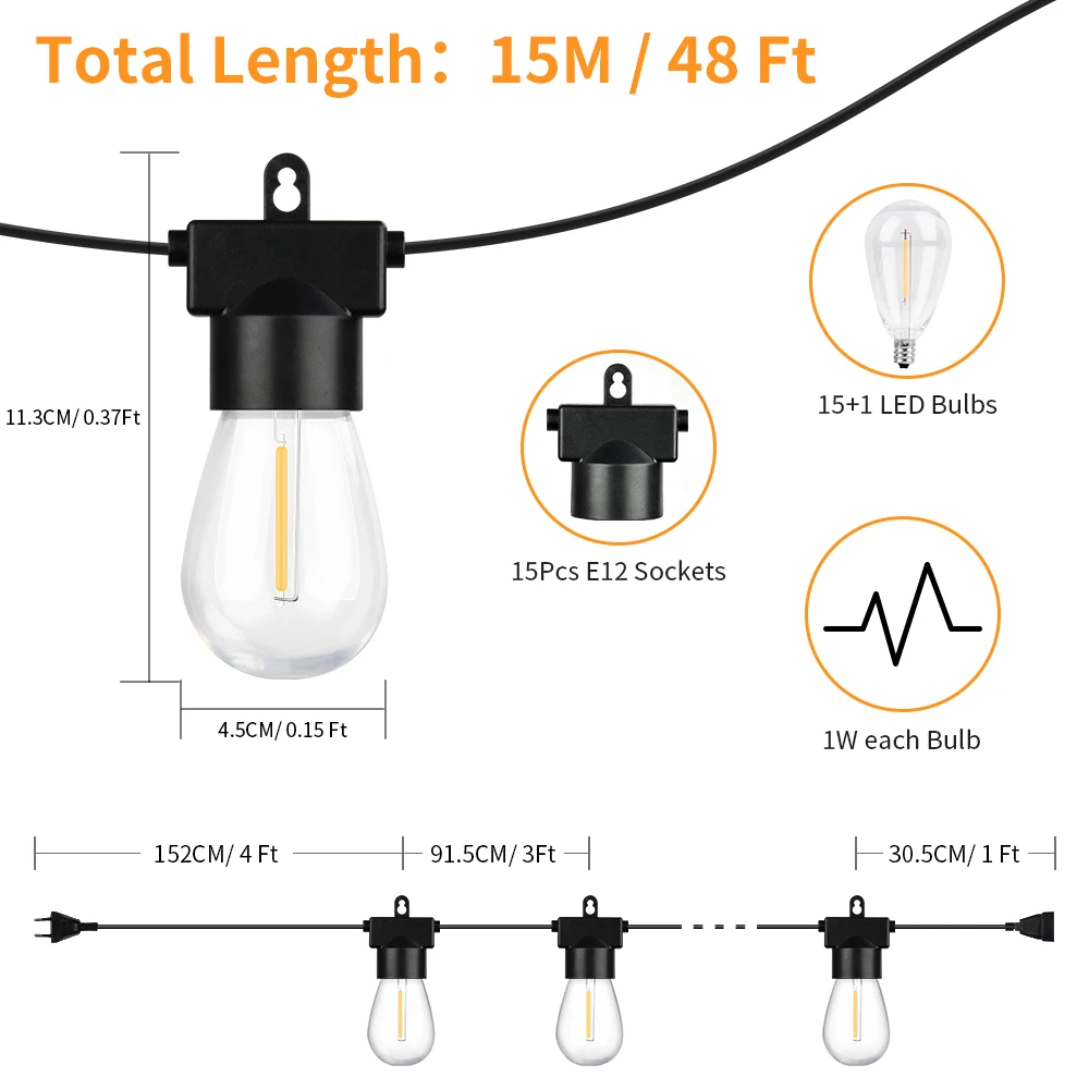 S14 LED Outdoor Light String 10M 15M Festoon Camping Decotive Light Outdoor Patio Fairy String Light For Holiday Garden Backyard