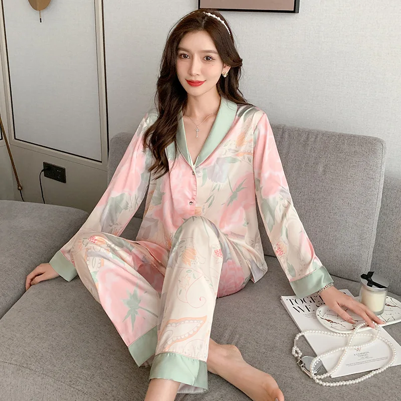 Two-Piece Pajama Set Ladies Cardigan Home Wear Floral Pattern Long Sleeve Fancy Underwear Sexy Nightwear Women Sleepwear Girl