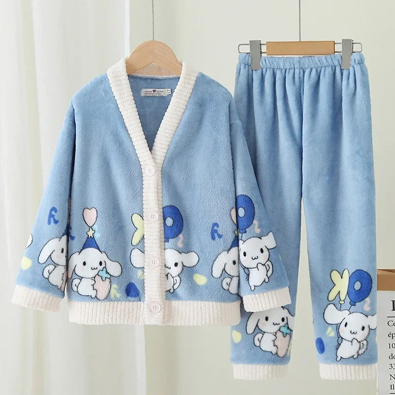 Kawaii Sanrio Kuromi Cinnamoroll Children Cardigan Pajamas Cute My Melody Winter Warm Coral Fleece Thicken Girl Home Pajamas Set