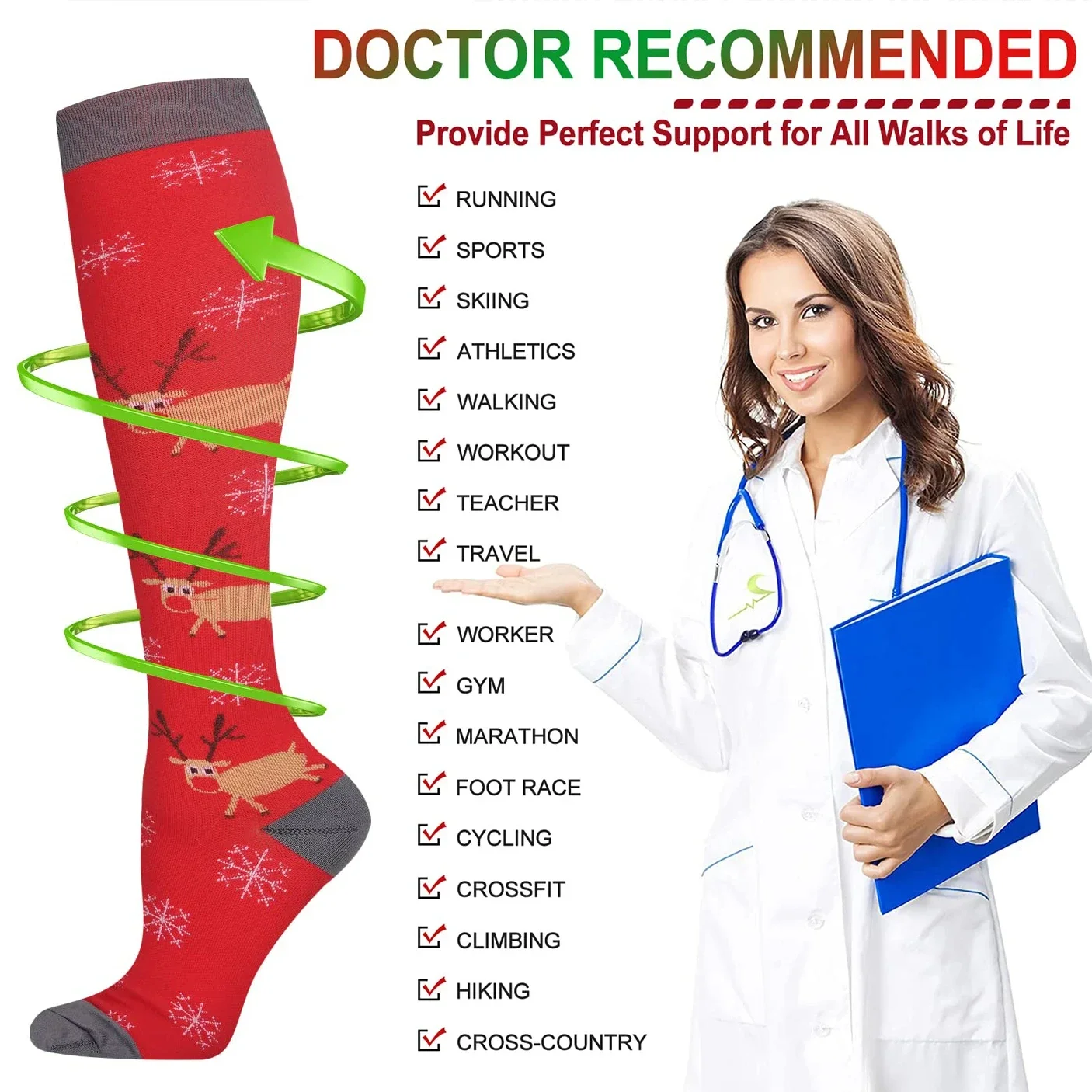 Christmas Compression Socks Santa Claus Tree Snowflake Pattern Sports Socks Outdoor Hiking Varicose Veins Edema Men Women Gifts