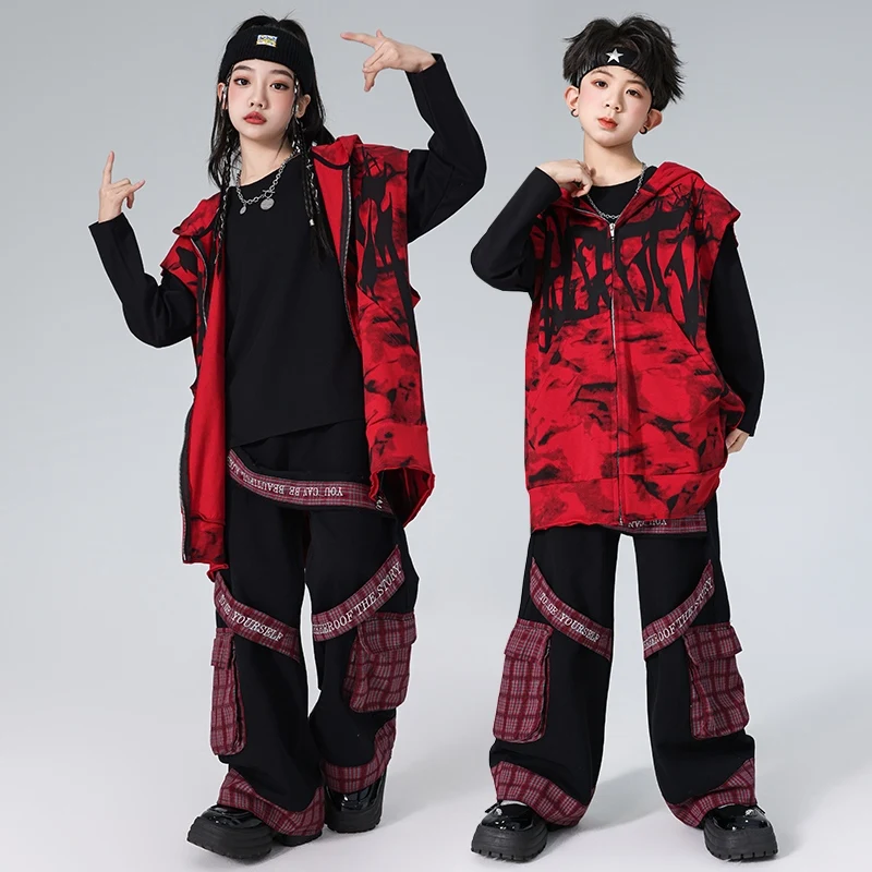 Ropa de baile de Hip Hop para niños y niñas, chaleco rojo con capucha, pantalones Cargo, traje de actuación de baile callejero, ropa de escenario de Hip Hop BL14229