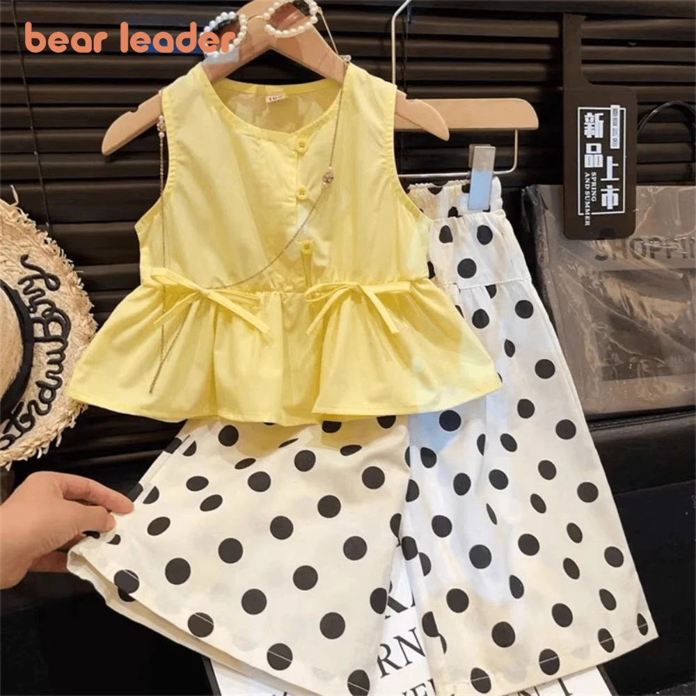 Bear Leader Korean Version Sweet Girls' Clothing Summer New Sleeveless Bow Decoration Top+Polka Dot Wide Leg Pants Two-piece Set