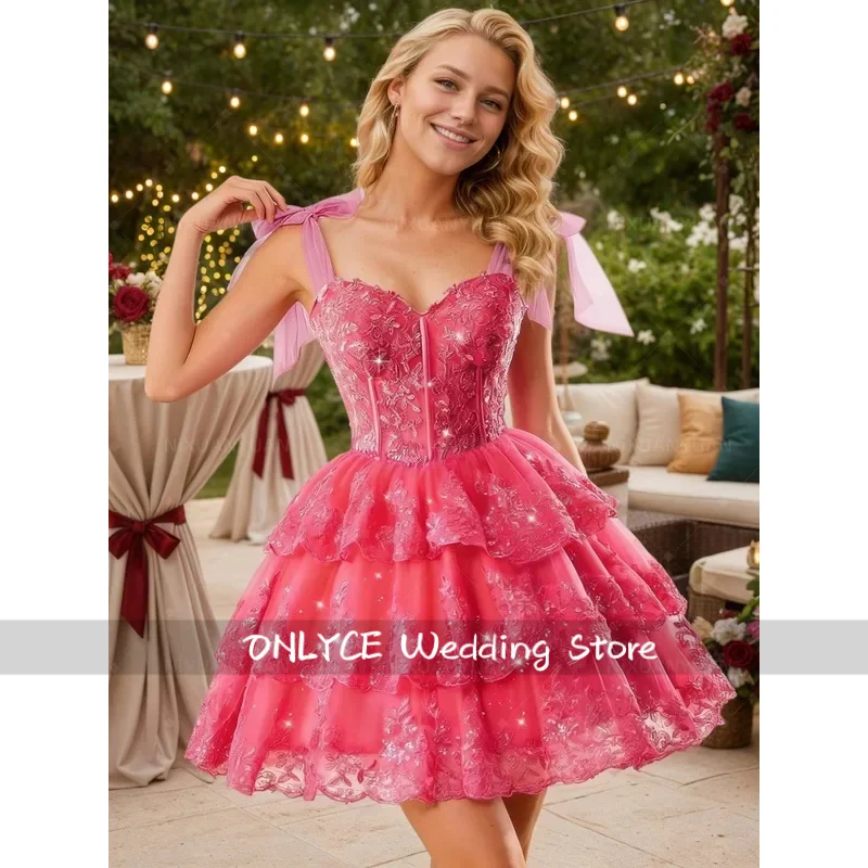 Sparkly Corset Tiered Lace Tulle Prom Dresses for Teens 2026 Short Bow Straps Formal Homecoming Gowns Sweet 16 Customized