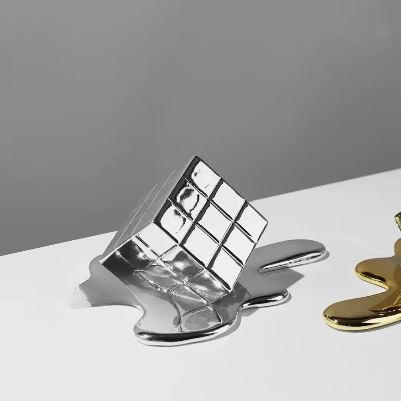 Figuras Decorativas, Estatuas, Artesanías Creativas  Resina, Bloques Geométricos, Cubo Dorado Fluido, Cuadrado a Cuadros, Mini