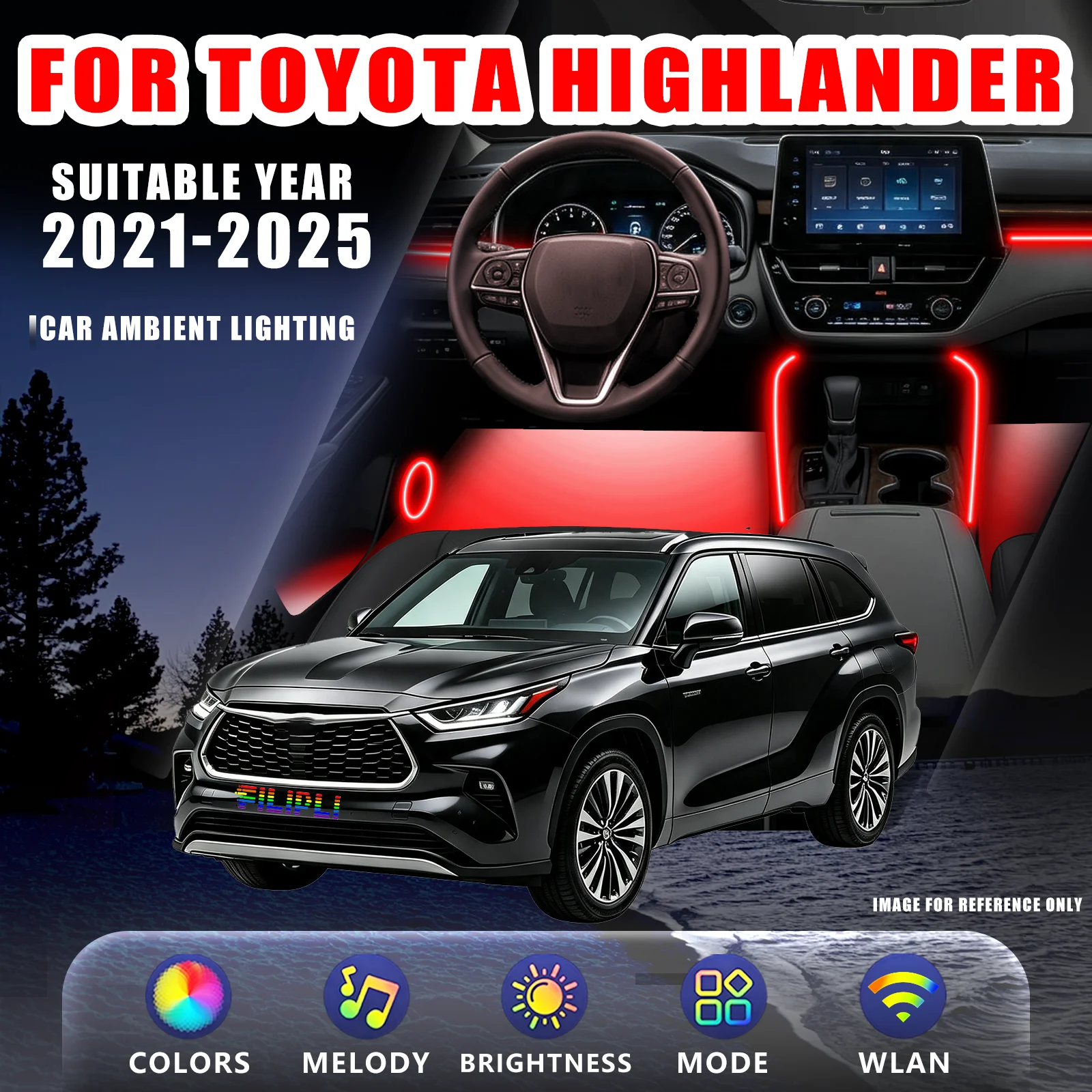 FOR TOYOTA Highlander 2021-2025 YEAR RGB 18 Lights car ambient light kit multi scene custom storage diffuse soft eye care over under voltage protection full cabin one touch control decorative kit