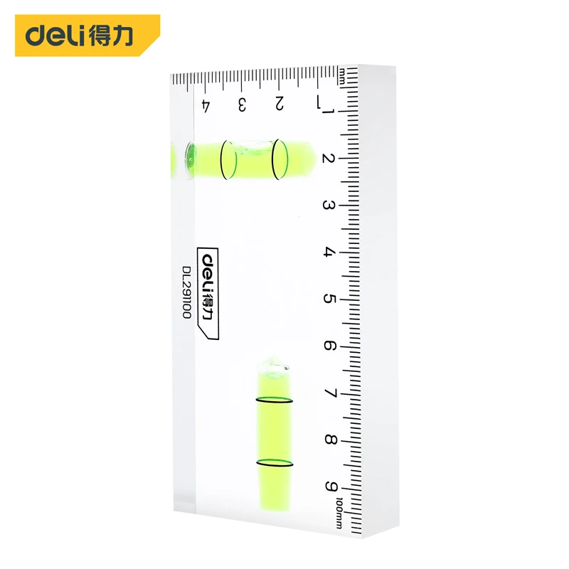 Deli 1 Pcs 100mm Transparent Level Ruler Acrylic 1mm/m High Precision 2 Horizontal Bubbles Design Multifunction Measuring Tool