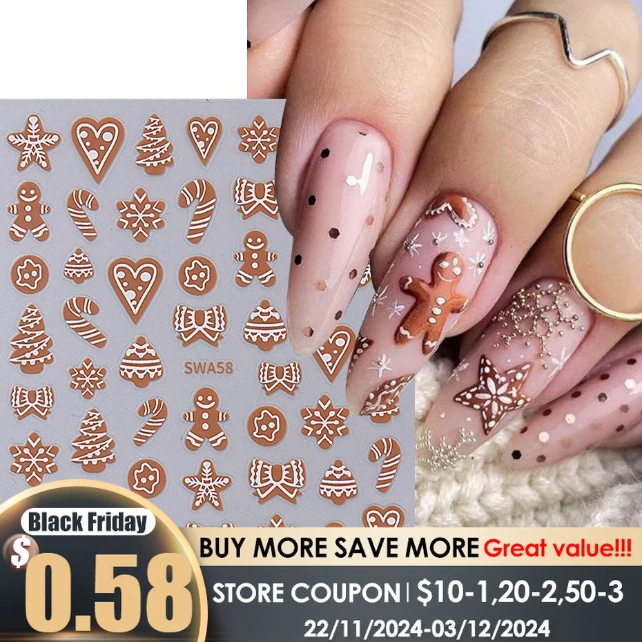 Christmas Nail Stickers 3D Self-Adhesive Sliders Winter Snowflakes Gingerbread Man Elk Star Decals Nail Supplies Manicure Decor