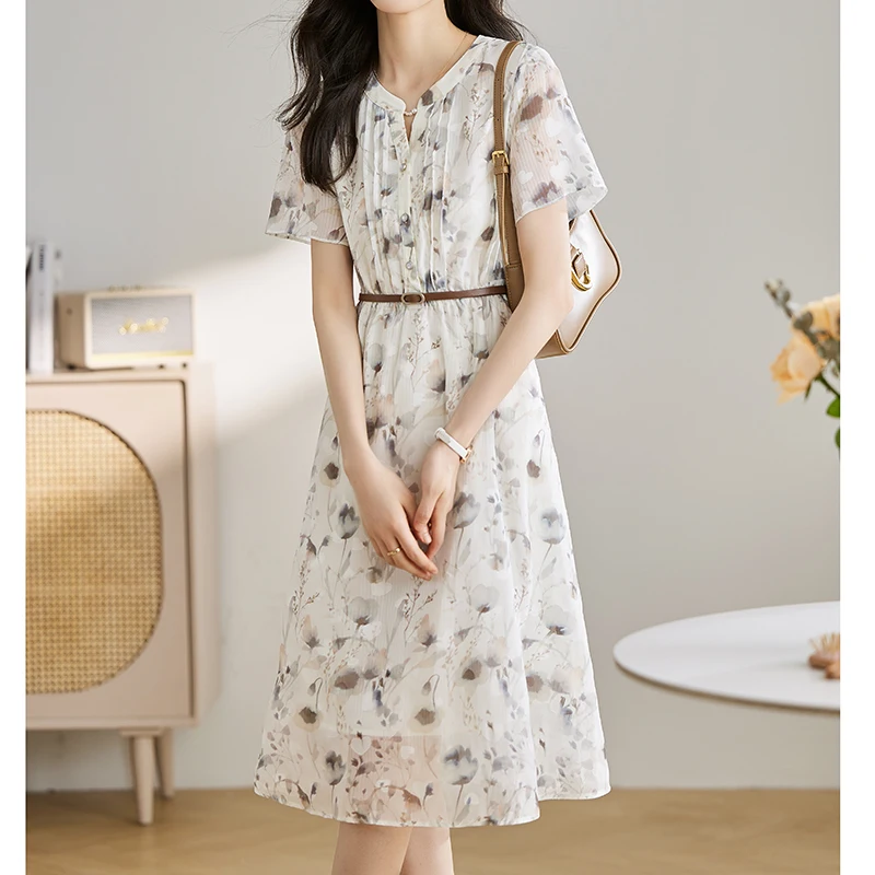 

Belt Temperament Printed Floral Midi Dress Women Summer Office Ladies Casual Short Sleeve Slim Elastic High Waist Dress 2024