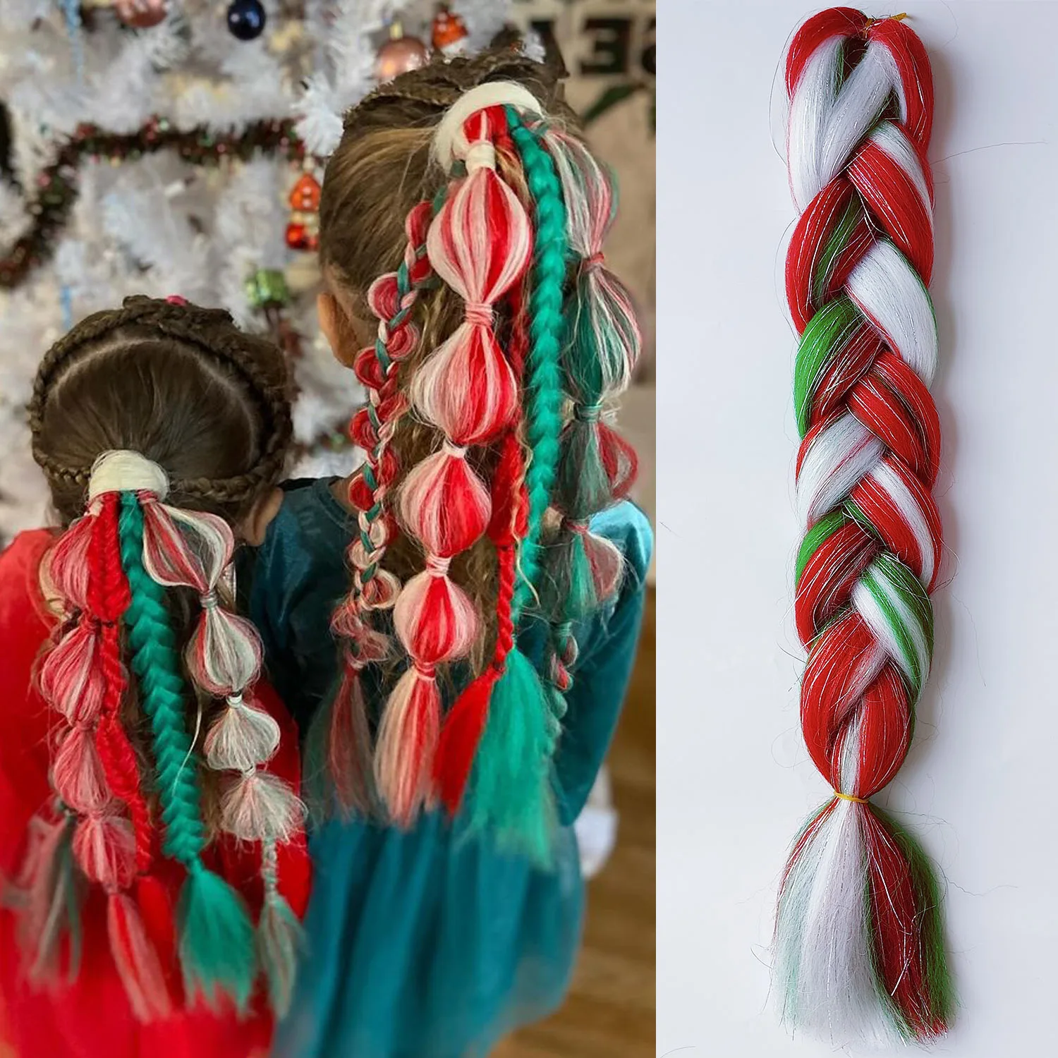 Red Green White Mixed Color Braids Blend Hair Tinsel Festival Rave Hair Extensions for Girls Crazy Hair Day Christmas Braids