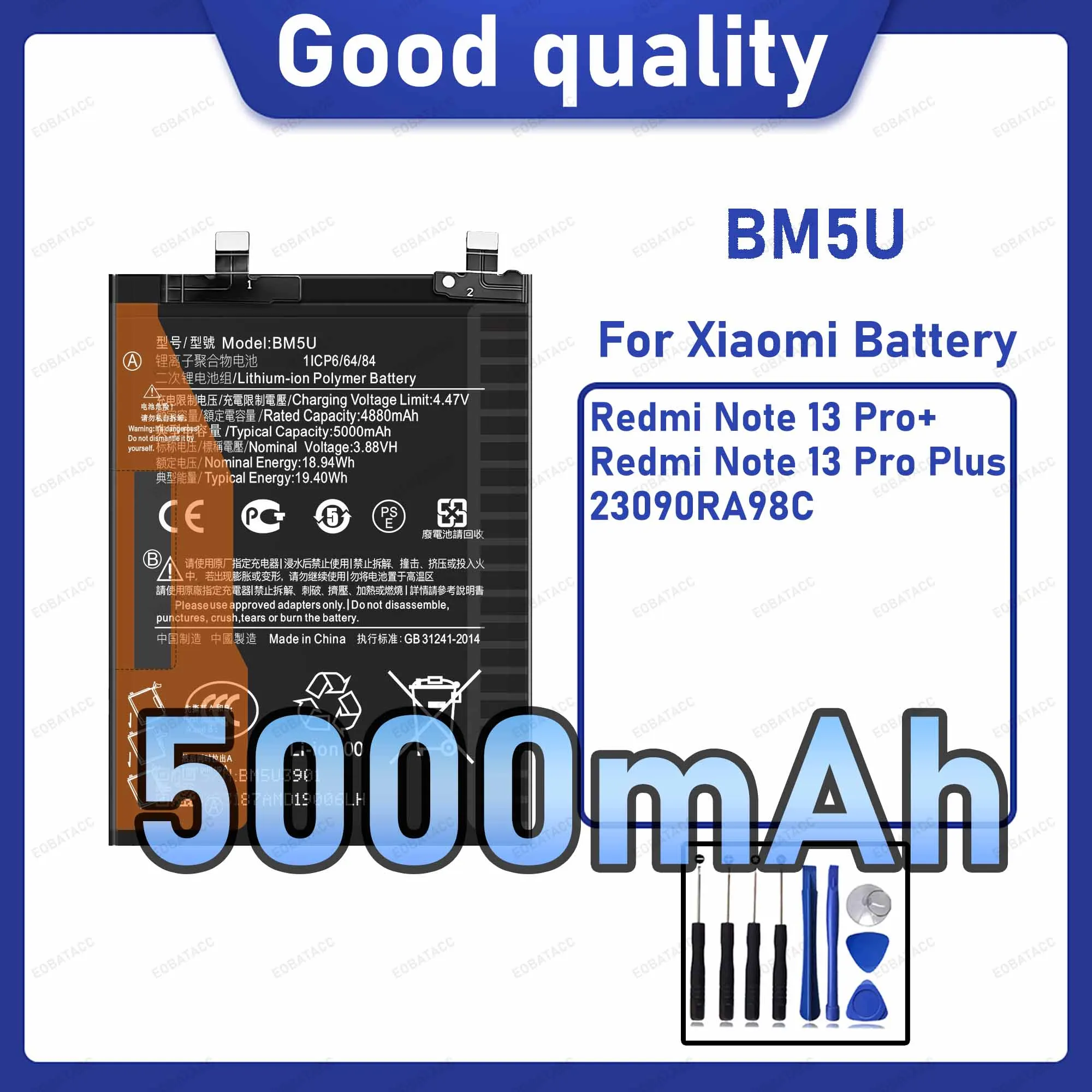 

5000mAh BM5U Replacement Battery for Xiaomi Redmi Note 13 Pro Plus with Repair Tools Kit