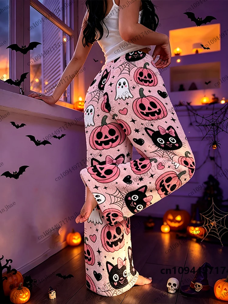 2026 Autumn Winter Halloween New Cat & Pumpkin Print Women‘s Pajama Trousers Casual Flannel Pajama Pants Couples Long Pants