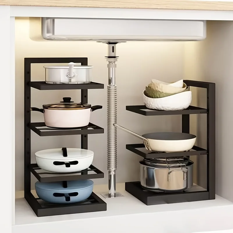 Height-adjustable stainless steel kitchen with multiple racks under the sink to place fruit plates, bowls, and cooking tools