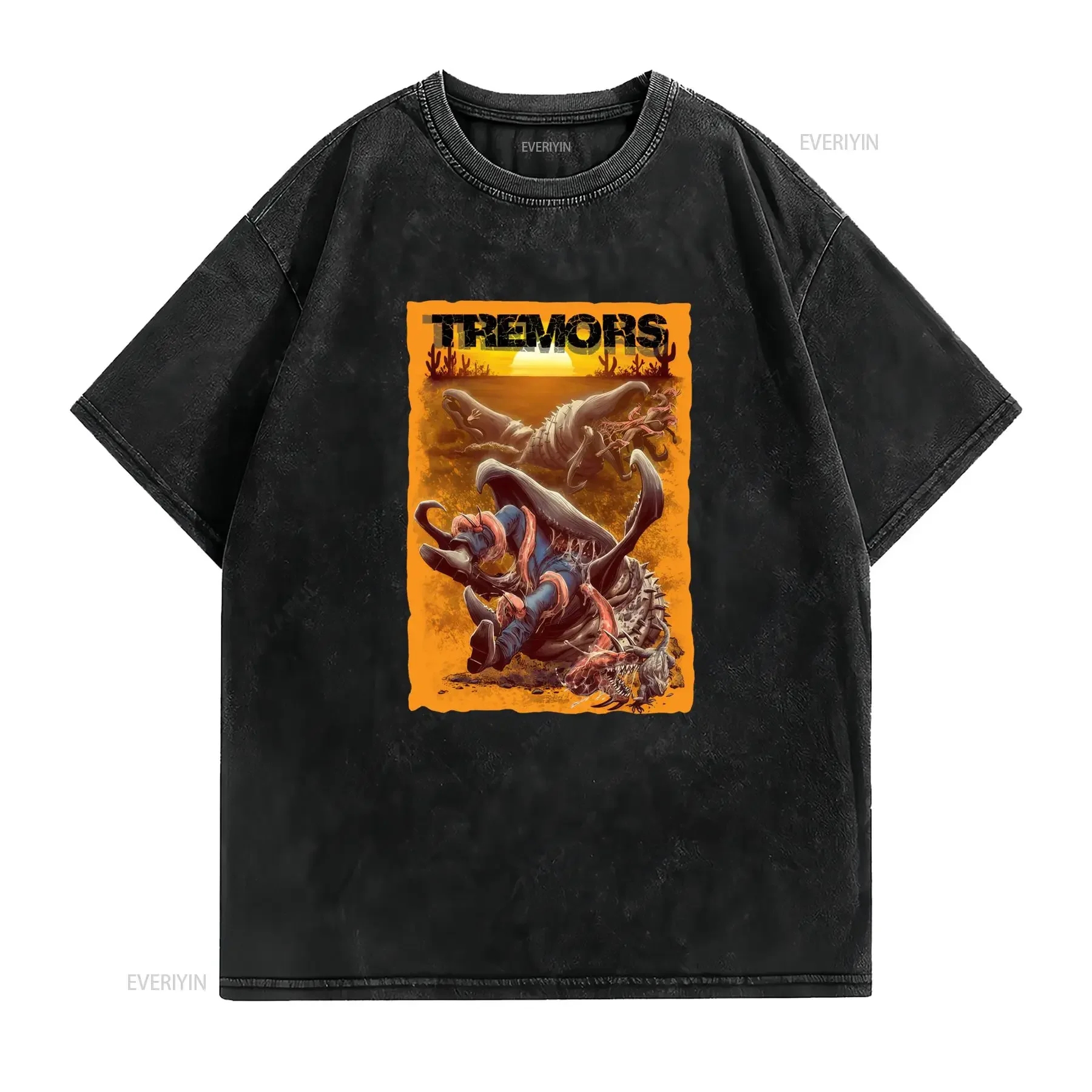 Vintage Horror Movie Tremors Graboid Monster Desert Print Casual T Shirt vintage Washed Top For Everyday Wear Versatile Stylish