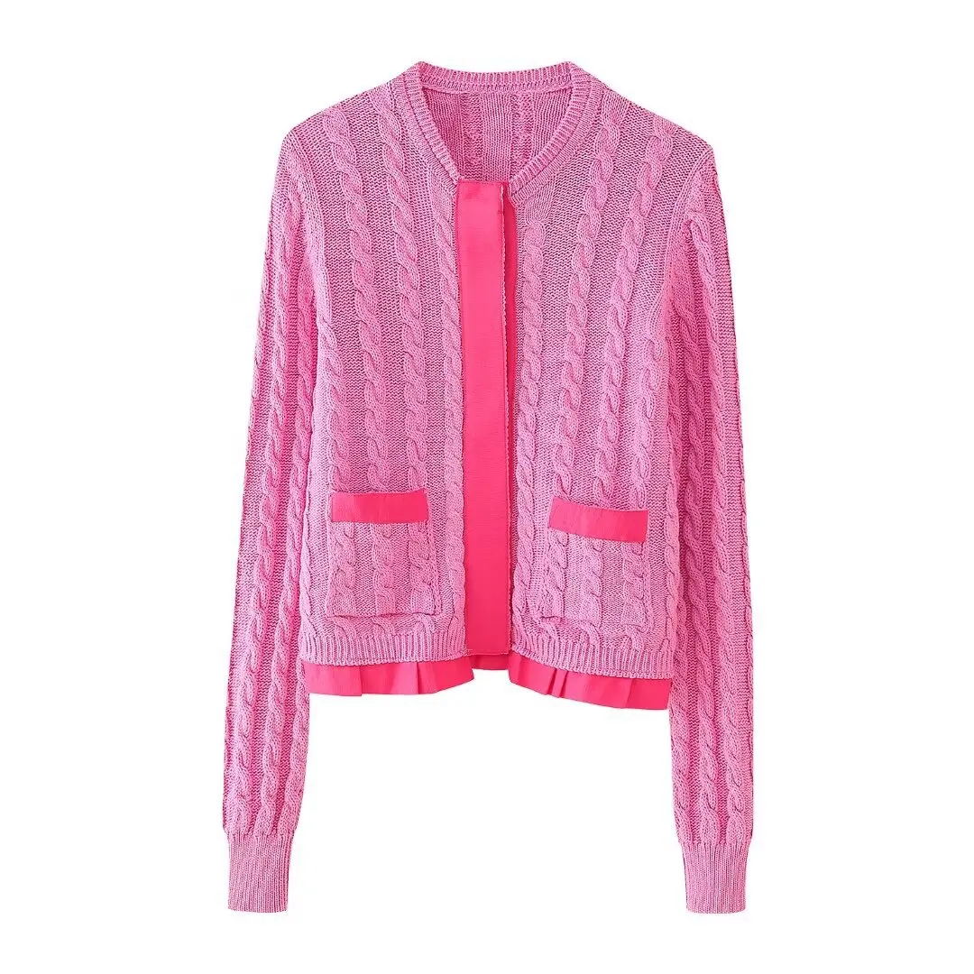 Women's knitted jacket 2024 new fashion long-sleeved knitted ribbed patchwork top summer casual fashion women's wear 