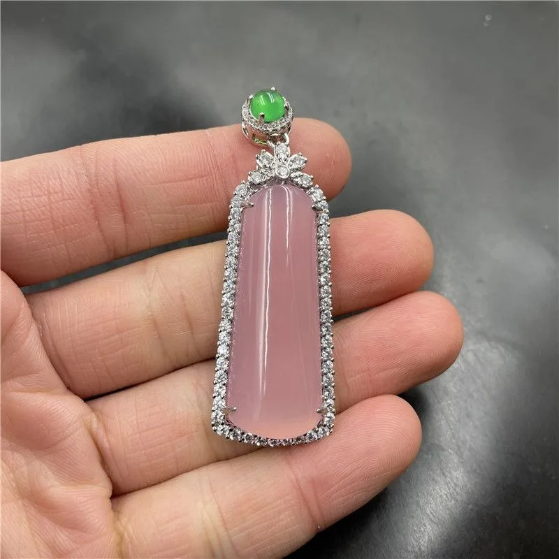 Inlaid with Pink Chalcedony Agate Pendant Small Square Plaque