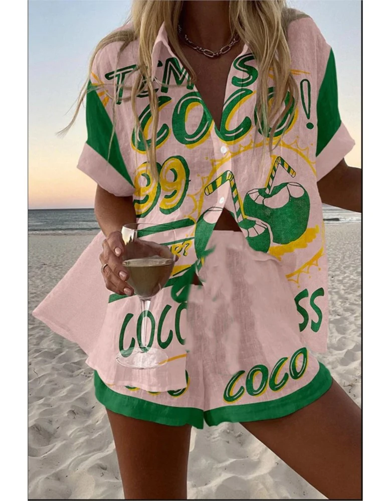 Fashion Casual Printed Two Piece Set Women Summer Comfort Holiday Color Colorful Button Short Sleeves Shirts And Shorts 2 Sets