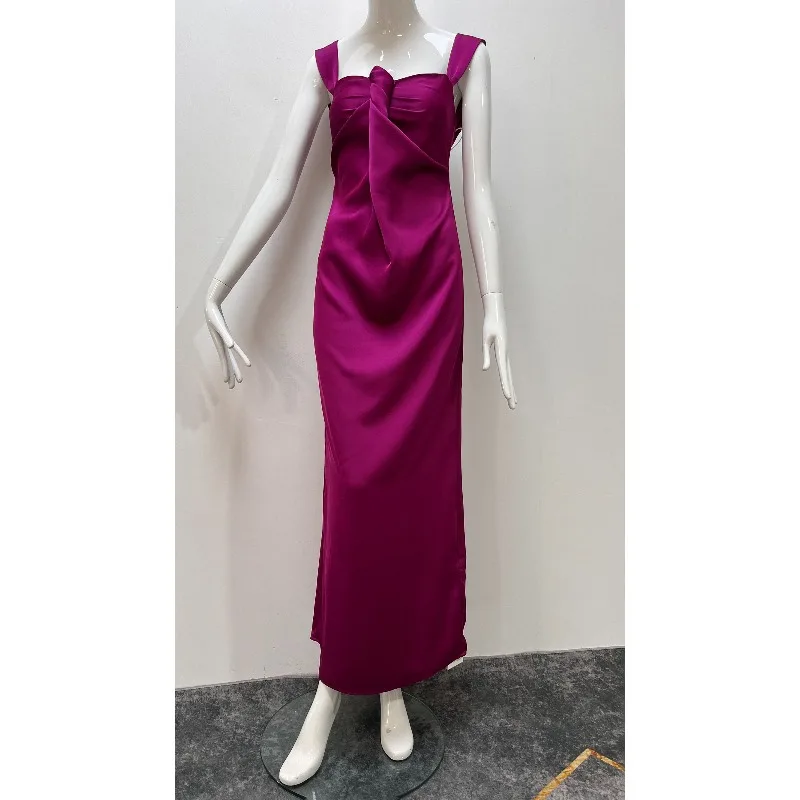 

New Ice Plum Pink Youth Retro Strap One Collar Bareback Dress Fashionable High end Solid Color Trendy Long Evening Dress