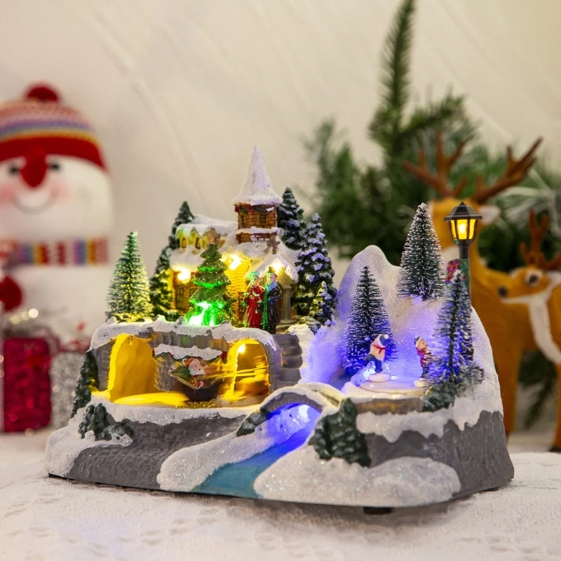 Christmas Glowing Snow House Figurine Rotatable Music Villages Sculpture for Home Bar Shop Decoration Gift