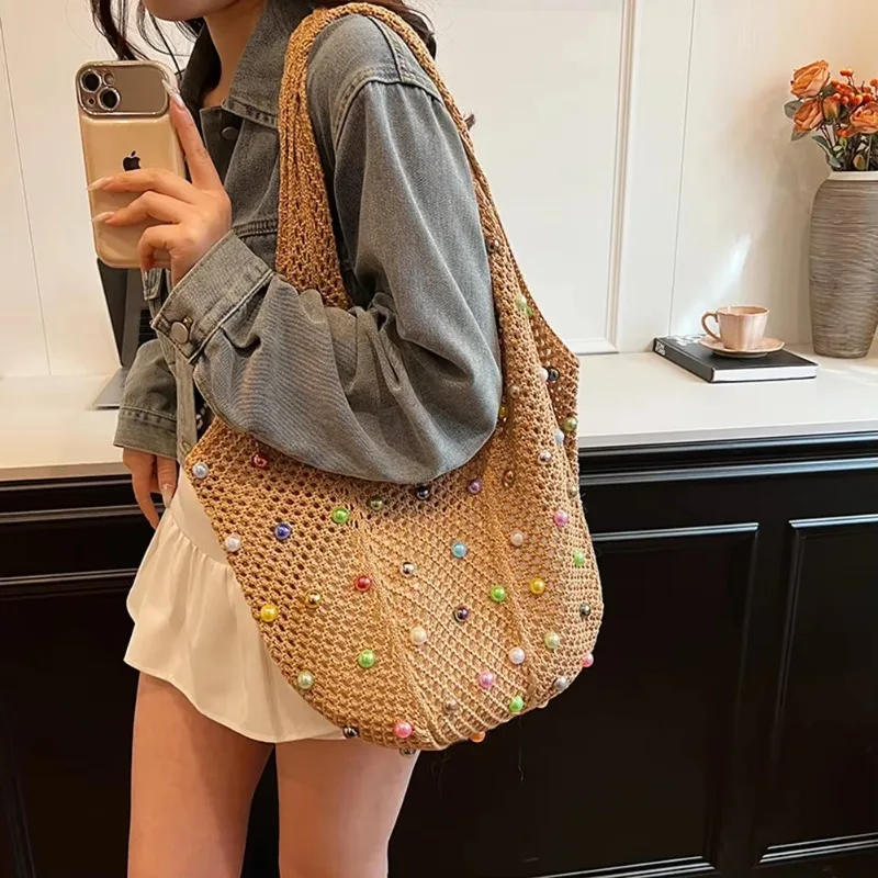 Damen Boho Häkel-Tasche mit farbigen Perlen, große Kapazität, gestrickte Handtasche für den täglichen Gebrauch