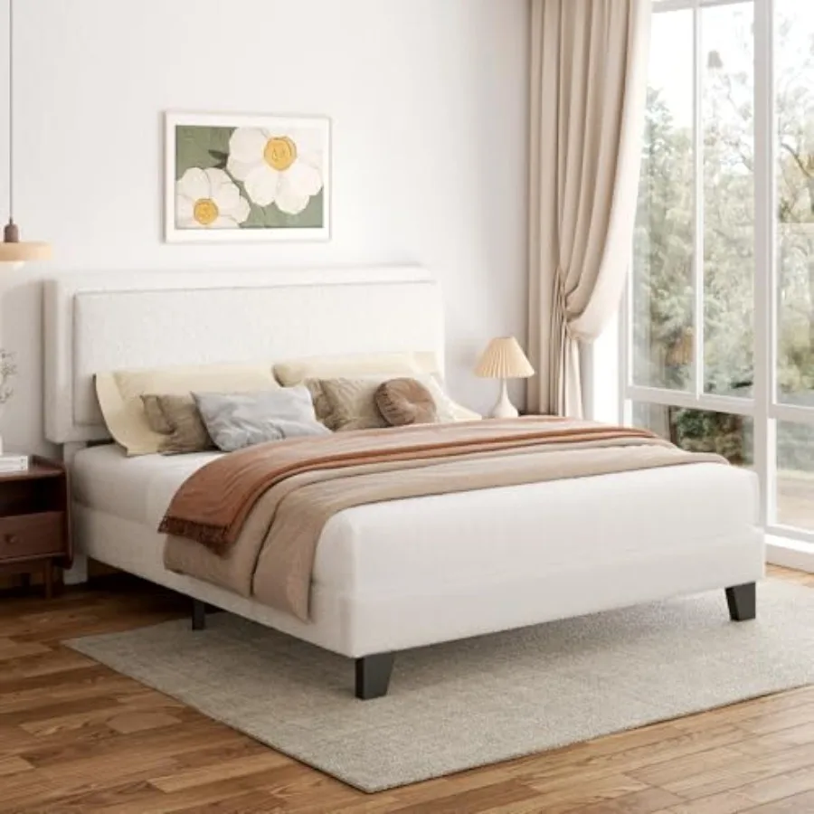

King Size Bed Frame Upholstered Platform Bed with Adjustable Headboard Soft Boucle Fabric Modern Style No Box Spring Required E