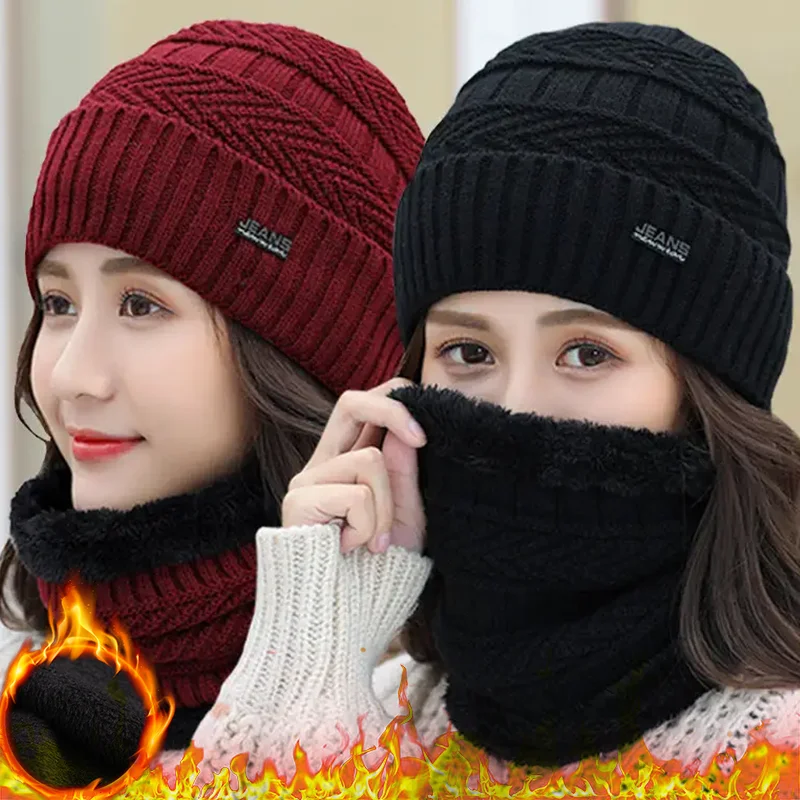 Winter Fleece Knitted Scarf Hats Plush Thick Velvet Warm Beanies Wool Knit Cap Men Women Cycling Cold Protection Neck Mask Cap