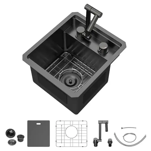 

Gunmetal Black 13x15 Inch Undermount 16-Gauge T-304 Stainless Steel Single Bowl Wet Prep Sink With Grid, Strainer, And Cover
