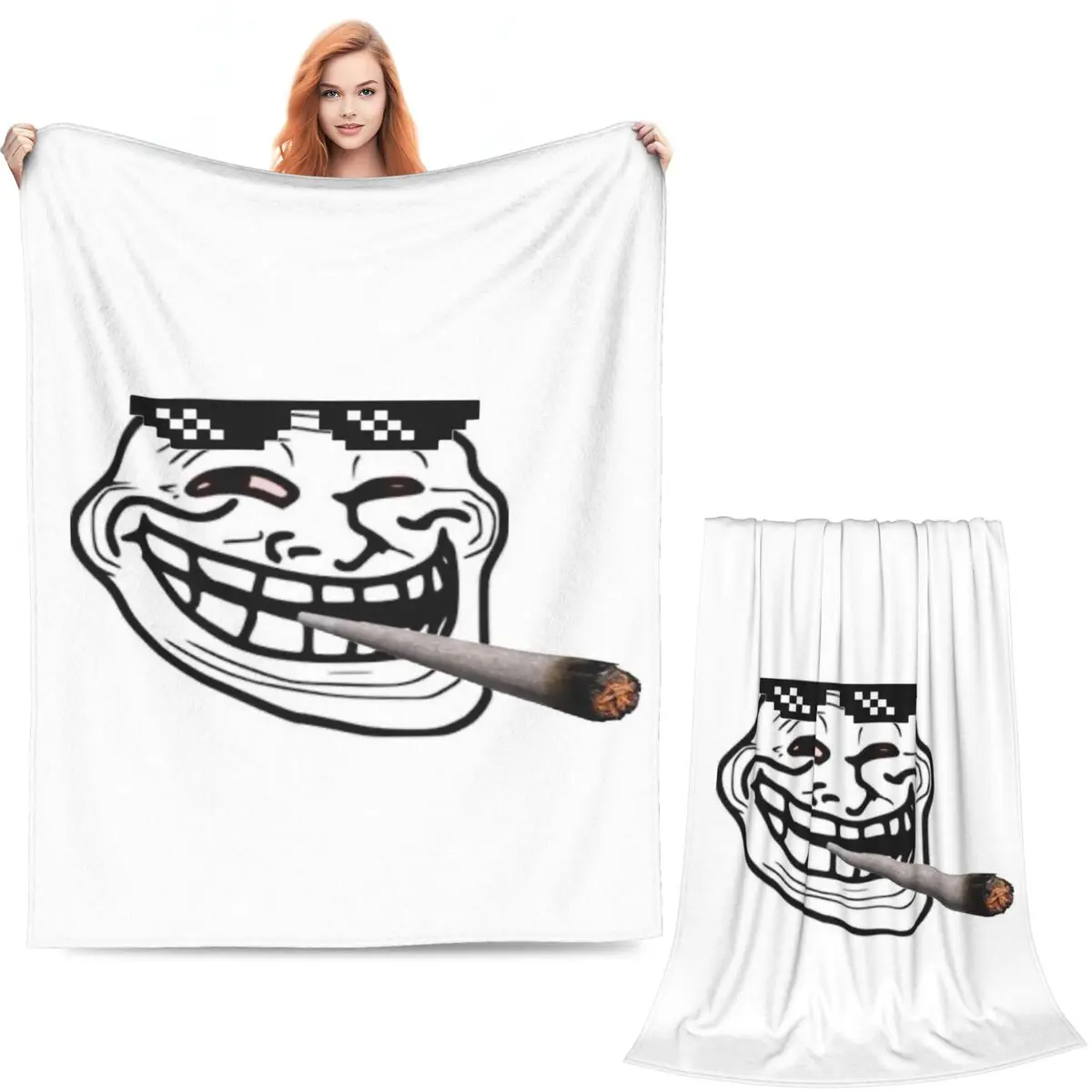 Novelty TROLL Face Meme Funny Blanket Soft Warm Flannel Throw Blanket Bedding for Bed Living room Picnic Travel Home Couch